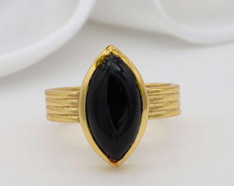 Black Onyx Brass Ring • Gold Plated  gemstone Ring • Women’s Boho Statement Jewelry , Textured Band Brass Ring