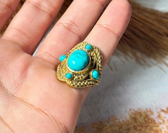 Boho Turquoise Gold Ring, Ornate Brass Gemstone Ring, 18K Gold Plated Ethnic Women’s Jewelry, Vintage Statement Band Ring, Bohemian Gem Ring