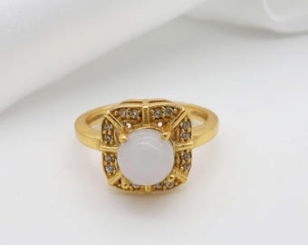 Vintage Moonstone Gold Ring , Brass Crystal Accent Band, 18K Gold Plated Jewelry,