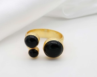 Geometrisk guldring i svart onyx, statementring i mässing för kvinnor, modern trippelstensring, 18K guldpläterade smycken, djärv boho-ring