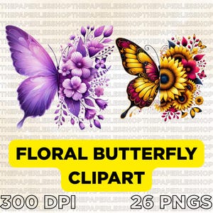 Blumen Schmetterling Clipart PNG Bundle | Bunte Rosenflügel Schmetterling Illustrationen für Sublimation, Aufkleber, Drucke, Karten & Kunsthandwerk