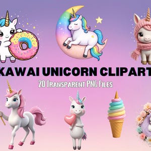 Lindo unicornio PNG, unicornios arcoíris kawaii para cupcakes, decoración de cumpleaños, pegatinas y manualidades, descarga instantánea
