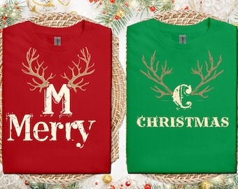 Rustic Antler couples matching Merry Christmas T-Shirt: Farmhouse Holiday Tee
