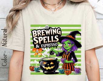 Brewing Spells & Espresso Shirt – Witch Coffee Halloween Tee, Spooky Barista Shirt, Caffeine Witch Shirt, Funny Fall Coffee Lover Shirt