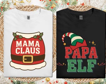 Ensemble de chemises de Noël pour maman et papa lutin | T-shirts assortis pour couples pour les Fêtes | Révélation de la grossesse