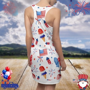 Vaterländisches Racerback Kleid, 4. Juli Outfit, Grillpartykleid zum Unabhängigkeitstag, Damen Sommerferien Kleid, Rot, Weiß und Blau