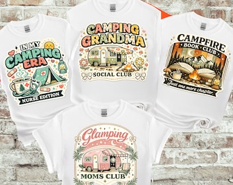 Conjunto de camisetas para camping, camiseta para clube de leitura ao redor da fogueira, camiseta para vovó acampando, camiseta para o clube das mães que fazem glamping, camiseta da era das enfermeiras acampando, camiseta retrô com estampa de camping