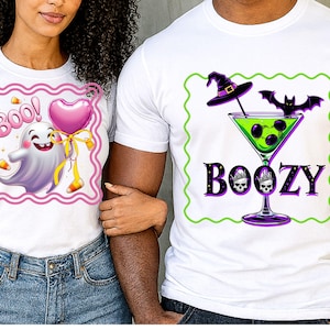 Funny Halloween Couple Shirts - Boo & Boozy Matching Costume Set - Cute Flirty Halloween T-Shirts for Couples, Halloween costume matching
