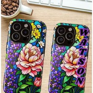 Personalized Stained Glass Phone Cover for iPhone 16 Pro Max, Colorful Lilly Design, Birthday Gift for Her, Wildflower Aesthetic