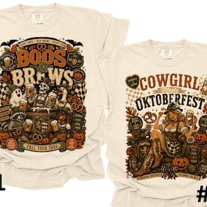 May include: Two off-white t-shirts featuring graphic prints. The left shirt displays a skeleton, ghost, and animals with the text "BOOS & BREWS FALL TOUR 2026". The right shirt shows a person in a dirndl with the text "COWGIRL MEETS OKTOBERFEST".