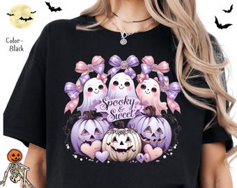 Halloween Coquette Ghost T-Shirt, gruseliges süßes grafisches T-Shirt, Herbstmode, Jack-o-Lantern-Halloween-Kostüm, gespenstische Vibes, Herbstkleidung