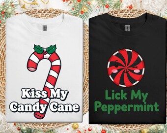 Funny Christmas Couple Shirt Set: "Kiss My Candy Cane" Matching Tees
