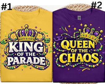 Chemises pour couple de Mardi Gras, roi de la parade, reine du chaos, chemises de carnaval assorties, tenue drôle de Mardi Gras