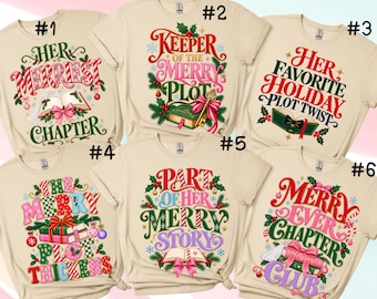 Camiseta de Natal para Amantes de Livros, Camiseta para Noiva Literária, Camiseta para Festa de Casamento, Presente para Clube do Livro Merry Chapter, Camiseta Festiva com Cores Confortáveis ​​para Leitores