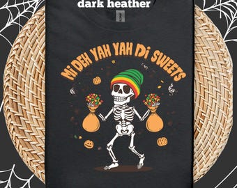 Funny Jamaican Skeleton Halloween T-Shirt: Candy Lover Reggae Tee