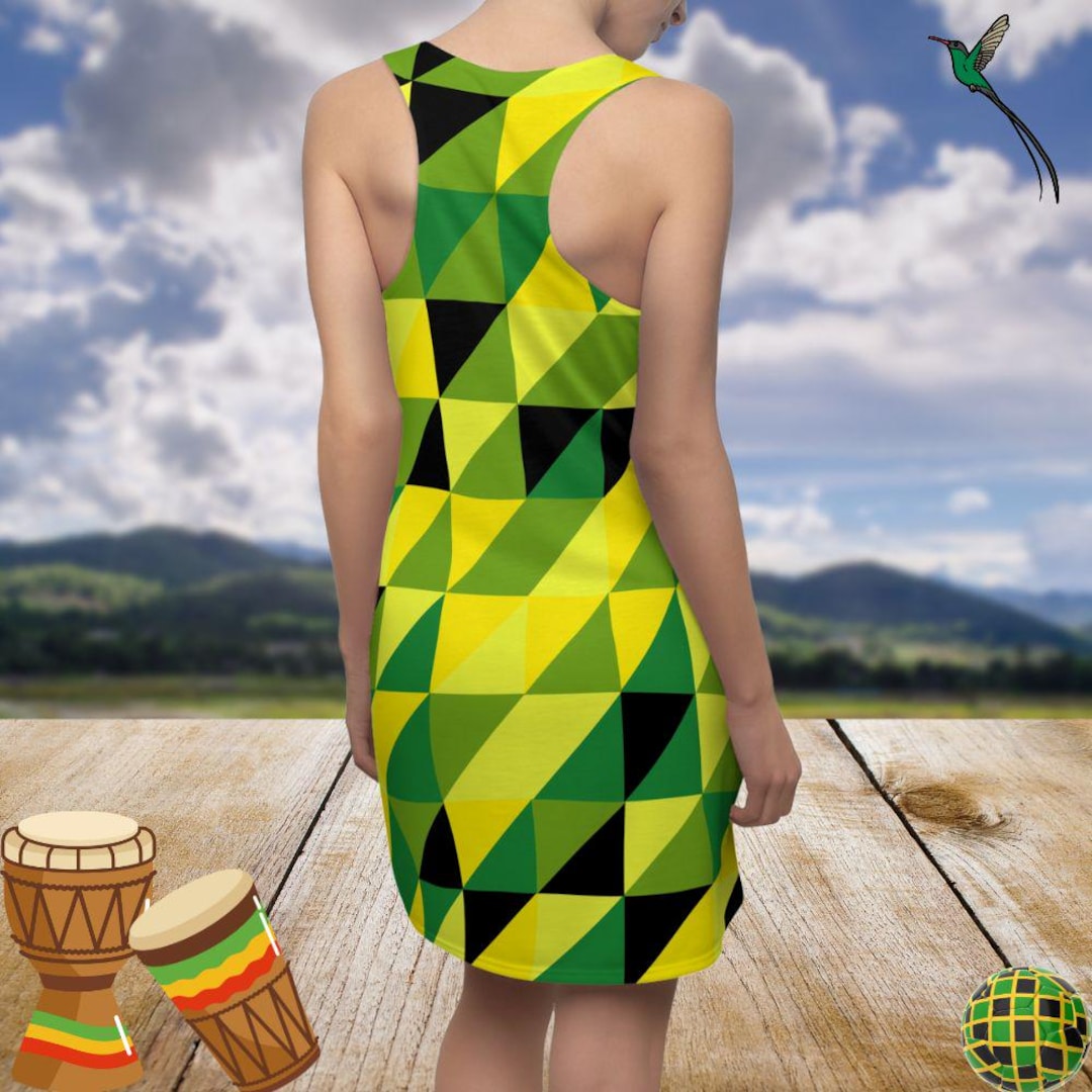 jamaican dresses for ladies Jamaican color Racerback Dress, Women's Jamaican Flag Independence Outfit, Summer Casual Wear, Beach Vacation Sundress, Stylish