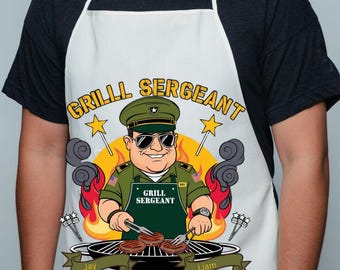 Apron, Father's Day Grill Sergeant Gift, Custom Personalized Dad Apron, BBQ Cooking Apron, Gift for Him, 5-Color Straps, Holiday Kitchen BBQ