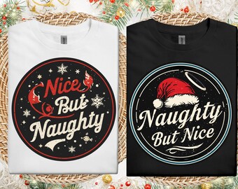 Funny Matching Christmas Couple Shirts: Retro Holiday Badge Design