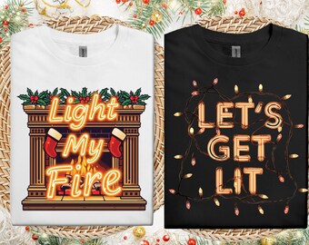 Funny Christmas Couple T-Shirt Set: 'Let's Get Lit' Matching Holiday Tees
