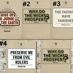 Puede incluir: Se muestran cinco camisetas beige, cada una con un diseño de texto único. Los diseños incluyen frases como "RISE UP O JUDGE OF THE EARTH" y "WHY DO THE WICKED PROSPER?" junto con referencias a los Salmos.