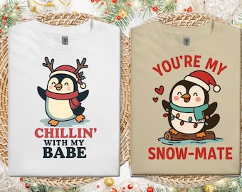 Christmas Penguin Couple T-Shirt Set: Holiday Matching Tees
