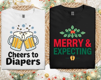 Conjunto de camisetas Merry & Expecting | Camiseta de casal combinando com a revelação da gravidez de Natal