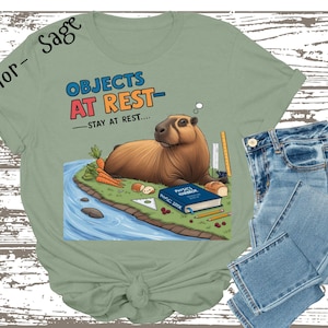 May include: Sage green t-shirt featuring a graphic of a capybara lying on a book with the text "Objects at Rest - Stay at Rest..."