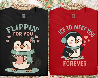 Romantic Penguin Holiday T-Shirt, Christmas Pajamas, Couple Outfits, Cozy Winter Vibes, Matching Shirts