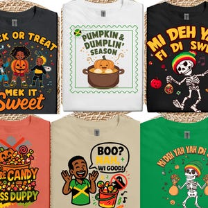 Puede incluir: Colección de camisetas con temática de Halloween. Los diseños incluyen una camiseta negra con "Trick or Treat" y personajes de dibujos animados, una camiseta blanca con "Pumpkin & Dumplin' Season", y una camiseta negra con un esqueleto y "Mi Deh Yah Fi Di Sweets".
