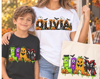 Personalized Halloween Name Shirt and Trick or Treat Tote Bag, Custom Kids Ghost Pumpkin Tee, Matching Halloween Shirt Bag Set
