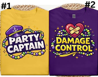 Mardi gras couple chemises capitaine de fête contrôle des dommages tenues de carnaval assorties t-shirts de festival drôles