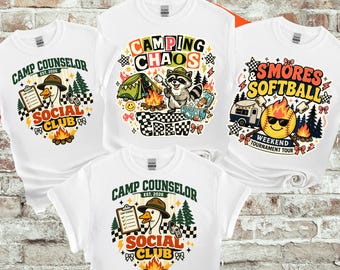 Conjunto de camisetas para camping, camiseta de monitor de acampamento, camiseta da equipe "Caos no Acampamento", camiseta "S'mores e Softball", camiseta de acampamento com tema de ganso, camiseta divertida com estampa de acampamento