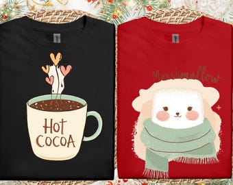 Matching Couple Christmas T-Shirts: Hot Cocoa and Marshmallow Holiday Tees