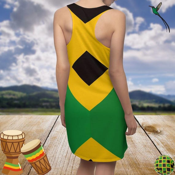Racerback Dress, Jamaican Geometric Print Summer Dress, Independence Day Wear, Flag Dress, Casual Dress