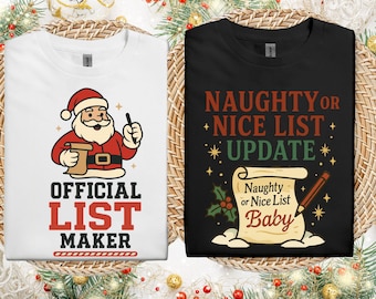Conjunto de camisetas oficiais para criar listas e atualizar listas de bonzinhos ou travessos | Camiseta de casal para revelar gravidez no Natal