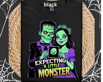 Expecting a Little Monster Halloween T-Shirt, Unisex Tee for New Mom and Dad, Maternity Shirt, Halloween Pregnancy Announcement, Spooky