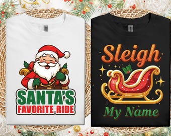 Funny Christmas Couple Shirts: Santa's Sleigh Ride Matching T-Shirt Set