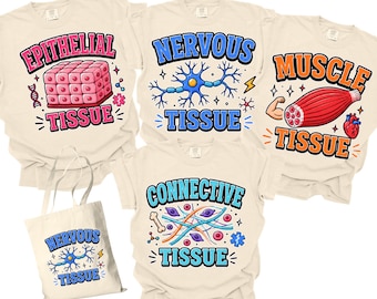 Conjunto de camisetas com estampas de tecidos anatômicos, camiseta de anatomia para professor de ciências, camiseta com estampa de tecido nervoso e muscular, camiseta para professor de biologia, camiseta de histologia.