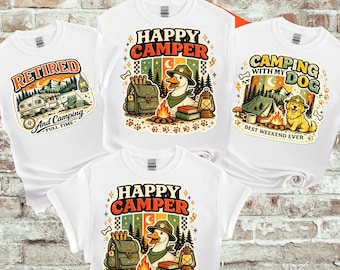 Conjunto de camisetas para camping, camisetas retrô para camping, Clube das Mães Glamping, camiseta "Acampando com meu cachorro", camiseta para quem acampa depois da aposentadoria, camiseta "Happy Camper Goose"