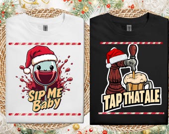 Funny Christmas Couple T-Shirt Set: Beer & Wine Holiday Shirts