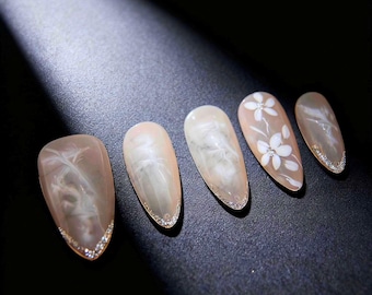 Light Pink Medium Almond Press On Nails With Handmade White And Silver Flowers And Silver Pointed Tips, Bride Nail Art