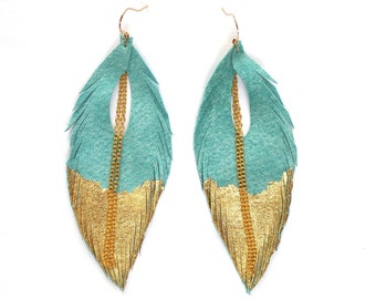 Leather Feather Earrings. Blue Seafoam Gold or Silver Leafed Feather Earrings. Statement Earrings. Bohemian Jewelry