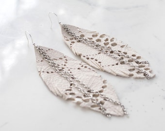 White Leather Feather Earrings. Lacy Leather Bohemian Earrings