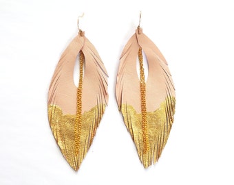 Leather Feather Earrings. Blush Gold or Silver Leafed Feather Earrings. Statement Earrings. Bohemian Jewelry