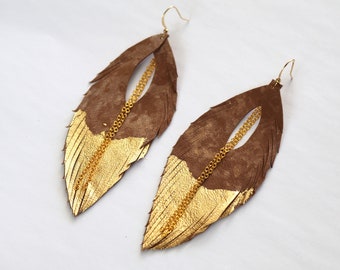 Leather Feather Earrings. Brown Gold Leafed Tip Earrings. Bohemian Jewelry. Natural Earrings