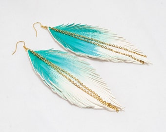 Leather Feather Earrings. White Handpainted Turquoise. Bohemian jewelry.