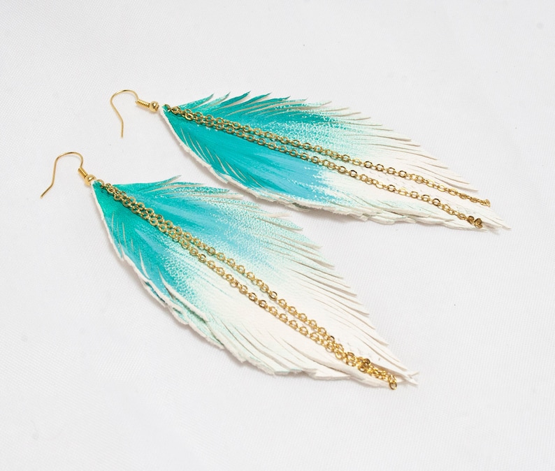 Leather Feather Earrings. White Handpainted Turquoise. Etsy