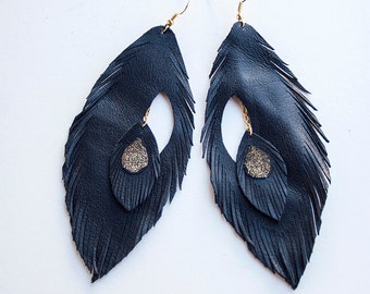 Leather Feather Earrings. Black Leather. Double Feather. Chain through.