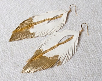 Leather Feather Earrings. White Gold Leafed Silver Leafed Feather Earrings. Long White Earrings. Bohemian Earrings