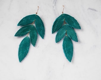 Tiered Teal Green Leather Feather Earrings. Bohemian Fashion Jewelry.